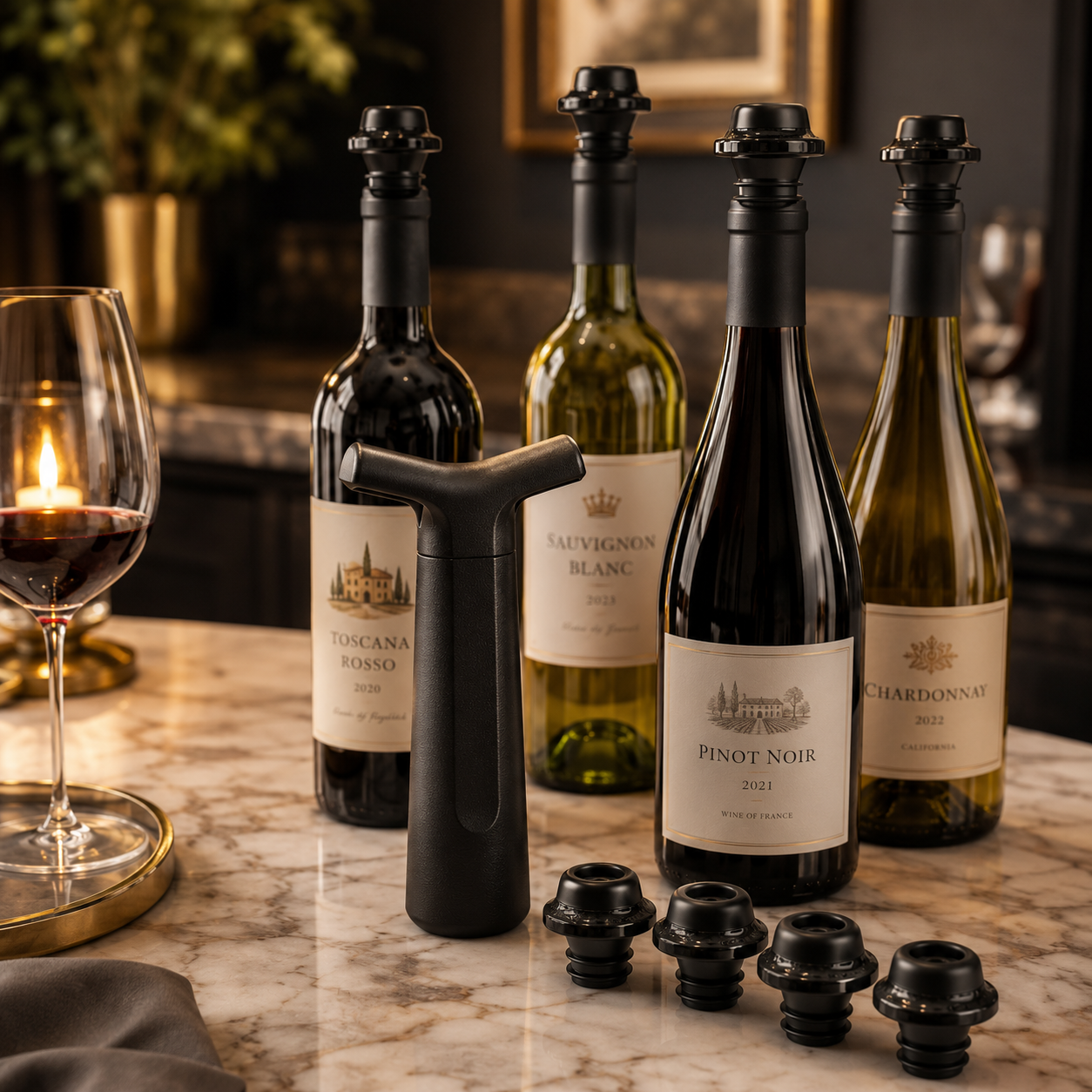 Coffret Pompe à Vide pour Vin noir + 4 Bouchons bouteille vin