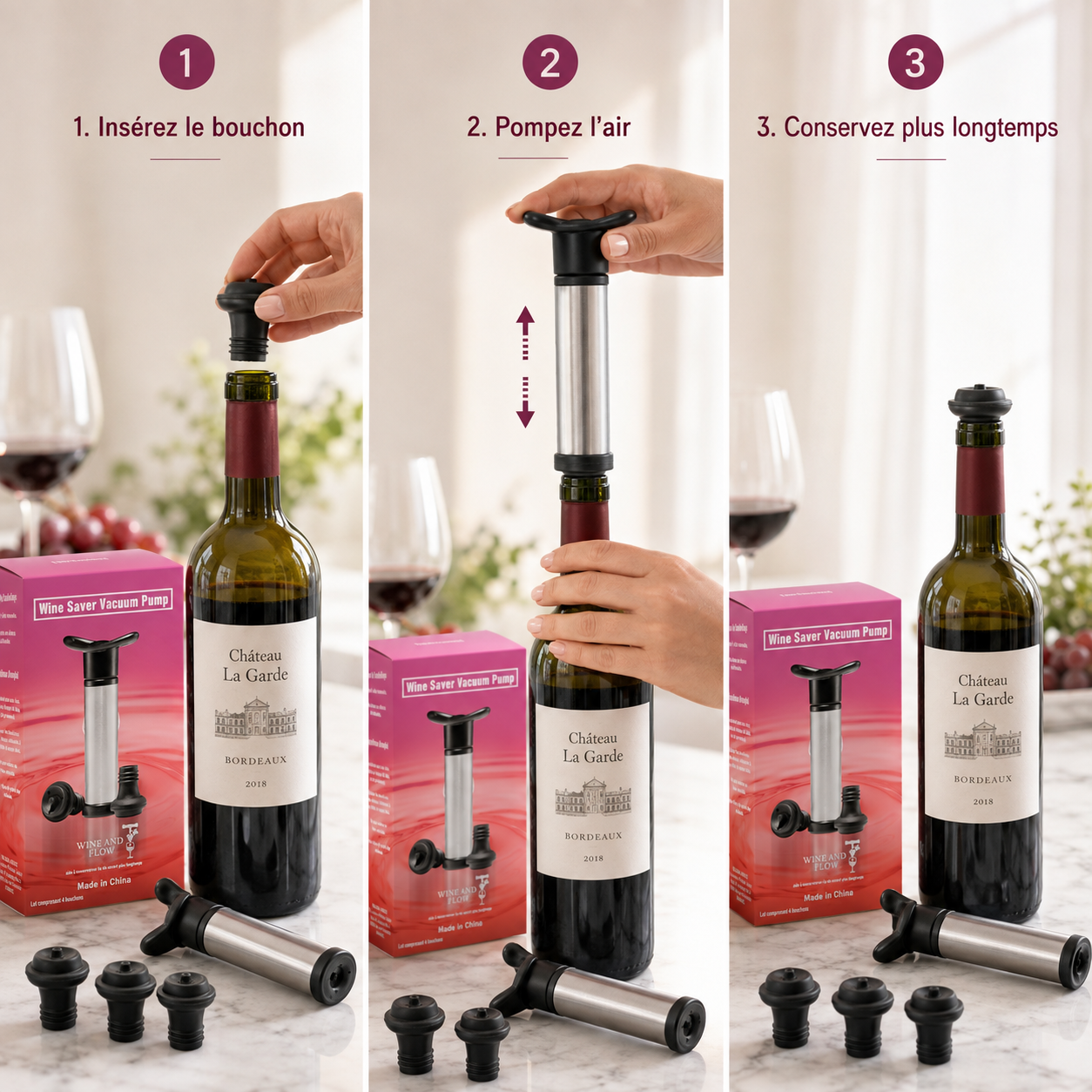 Coffret Pompe à Vide Premium pour Vin + 4 Bouchons
