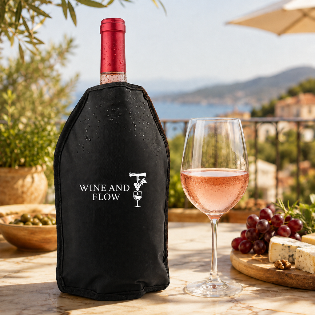 Rafraîchisseur isotherme Wine and Flow pour bouteille de rosé avec verre de vin rosé en terrasse