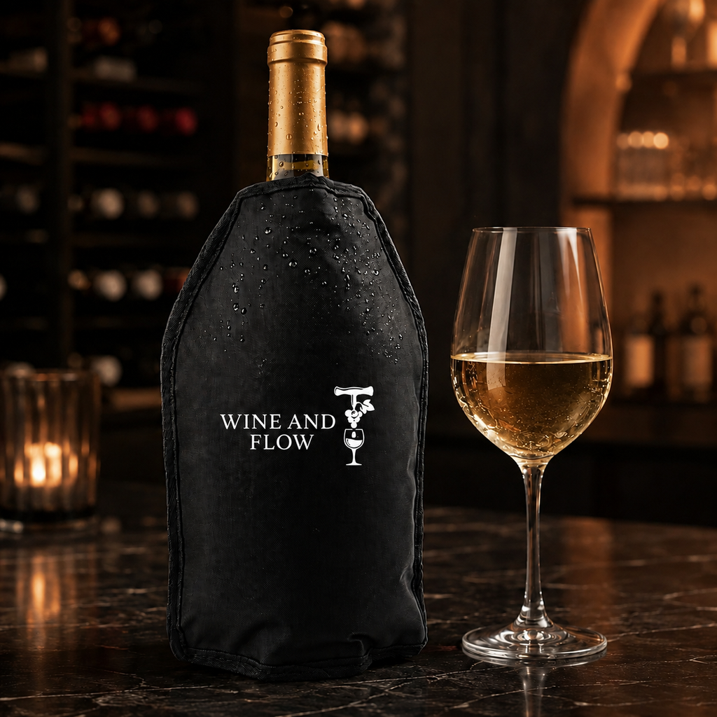 Rafraîchisseur isotherme Wine and Flow pour bouteille de vin blanc avec verre de vin blanc dans une ambiance de dégustation